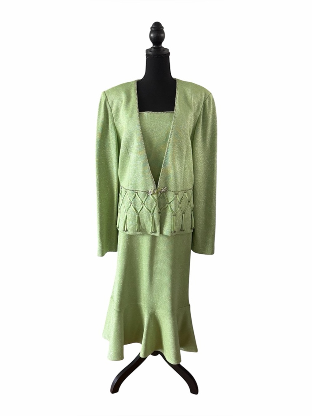 Donna Vinci Knits 2pc Metallic Lime Green Knit Skirt Suit w/Rhinestones, 18